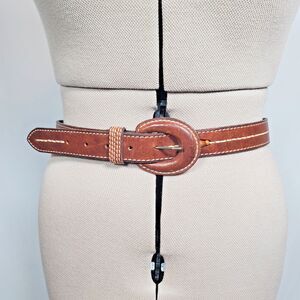 VTG Fossil Women's Leather Belt Large Brown Wrapped Buckle Wood Beads Boho